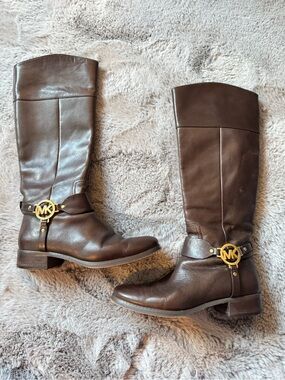 Michael Kors Brown Leather MK Harness Riding Boots Size 7